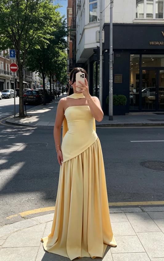 Elegantes gelbes Brautjungfernkleid Trägerloses A-Linien-Abendkleid aus Chiffon Formelles Kleid EW0725