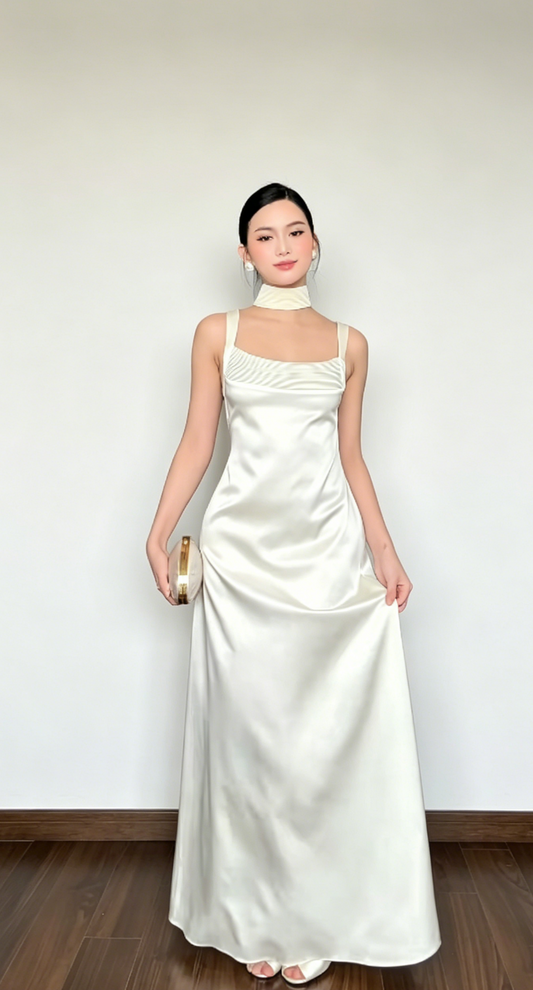 Chic White Wedding Guest Dress Straps Sheath Long Evening Dress Satin Formal Dress EW0727