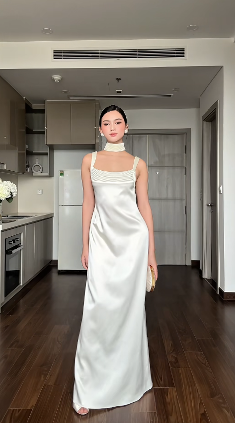 Chic White Wedding Guest Dress Straps Sheath Long Evening Dress Satin Formal Dress EW0727