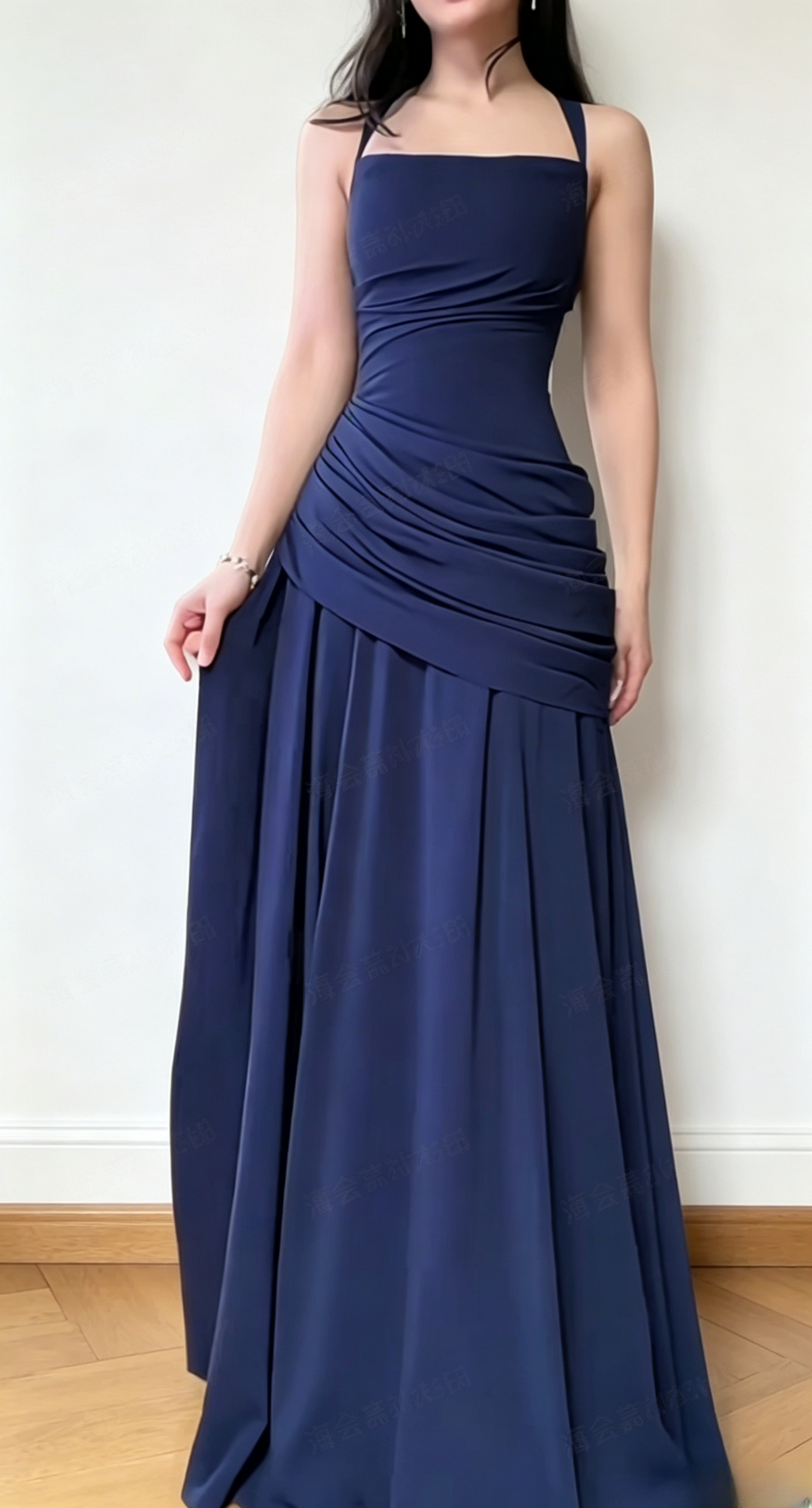 Elegantes marineblaues Hochzeitsgastkleid mit Trägern, Etui-Abendkleid, langes Chiffon-Abendkleid EW0728
