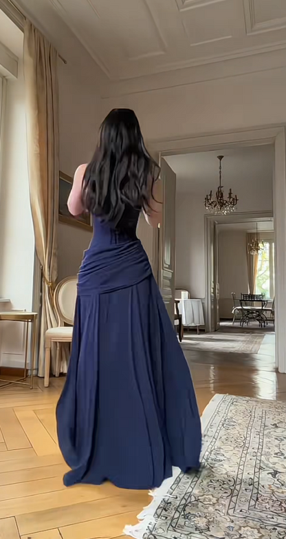 Elegantes marineblaues Hochzeitsgastkleid mit Trägern, Etui-Abendkleid, langes Chiffon-Abendkleid EW0728