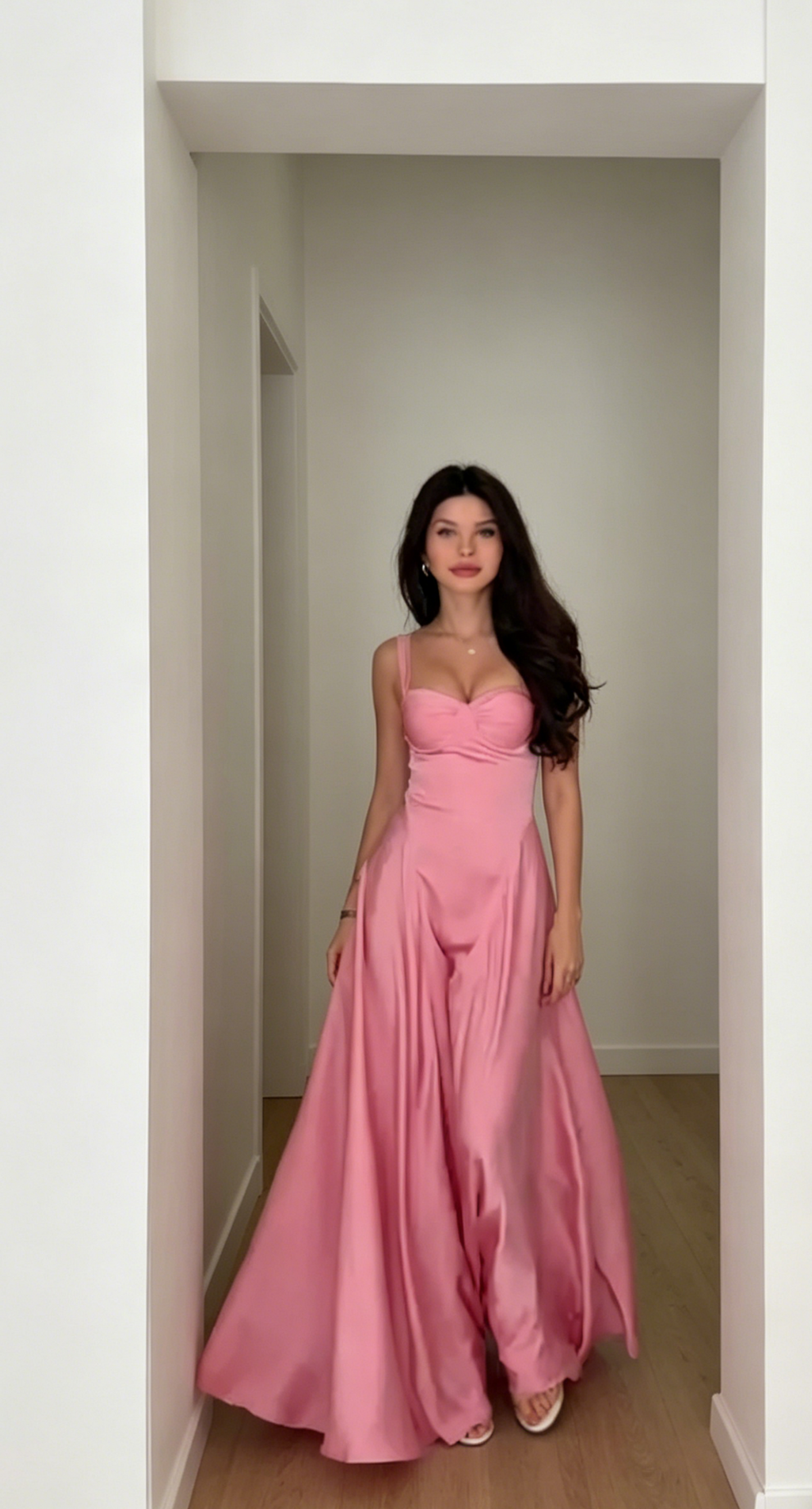 Schickes rosa Ballkleid, Spaghettiträger, A-Linie, Satin, langes Abendkleid, ärmelloses festliches Kleid EW0729