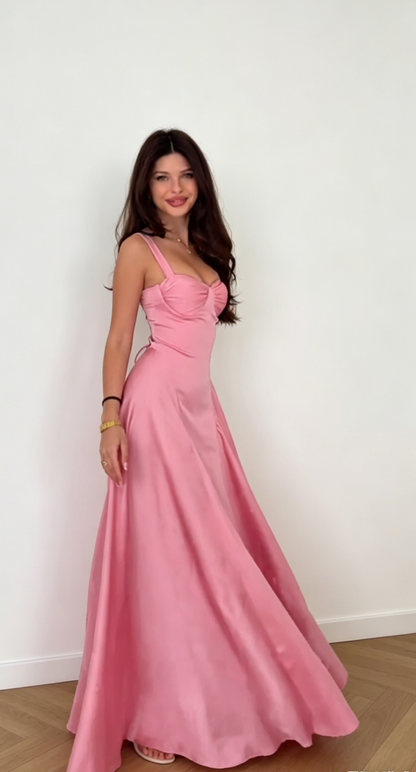 Schickes rosa Ballkleid, Spaghettiträger, A-Linie, Satin, langes Abendkleid, ärmelloses festliches Kleid EW0729