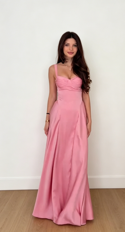 Schickes rosa Ballkleid, Spaghettiträger, A-Linie, Satin, langes Abendkleid, ärmelloses festliches Kleid EW0729