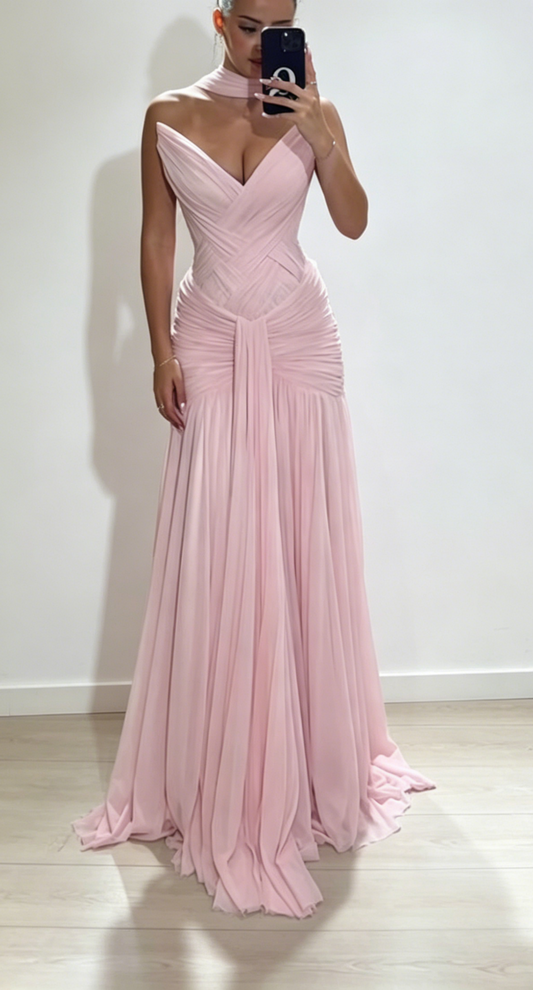 Chic Pink Prom Dress V-neck Sheath Chiffon Long Evening Dress Sleeveless Formal Dress EW0730