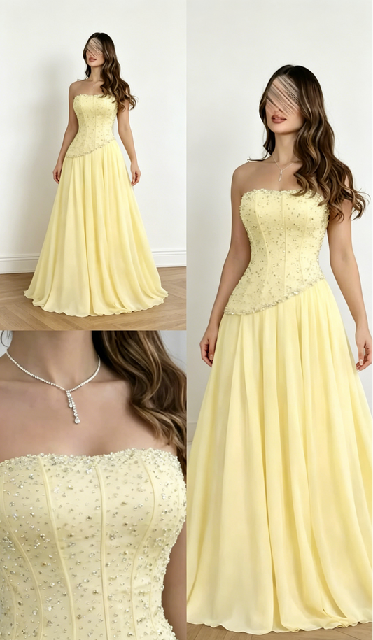 Chic Yellow Prom Dress A-Line Sequins Chiffon Long Evening Dress Strapless Formal Dress EW0731