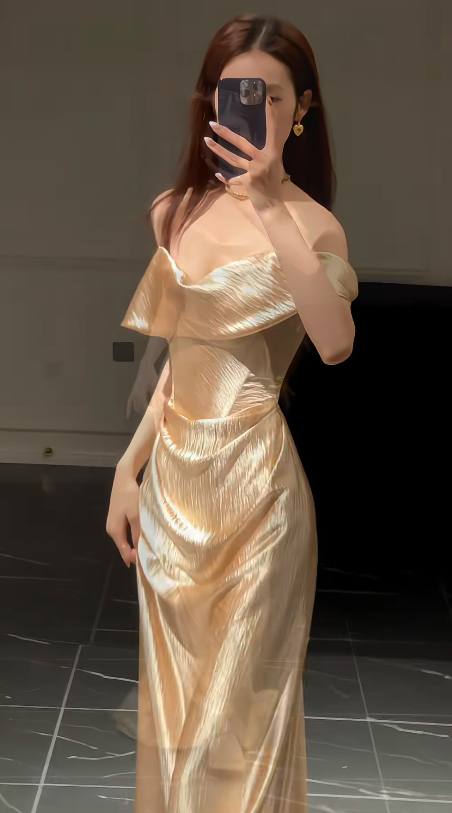 Schickes goldenes Ballkleid, schulterfreies Etuikleid, langes Satin-Abendkleid EW0731