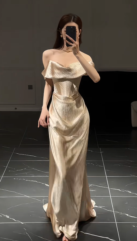 Schickes goldenes Ballkleid, schulterfreies Etuikleid, langes Satin-Abendkleid EW0731