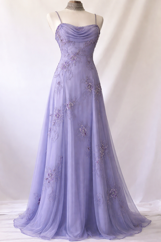 Elegantes lila Ballkleid Spaghettiträger Etui Perlen Chiffon Langes Abendkleid EW0736