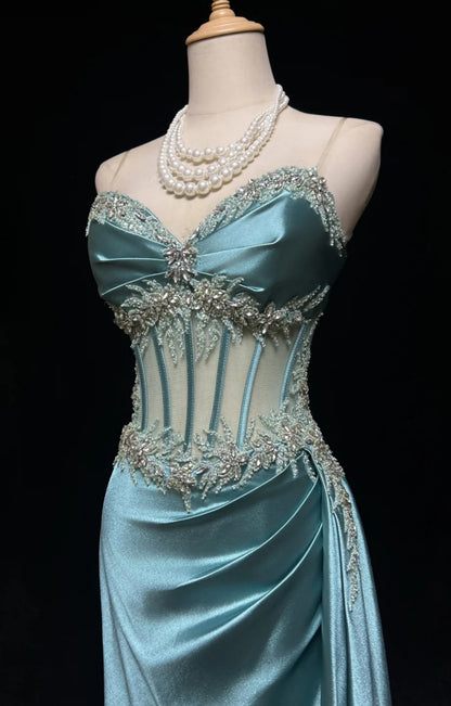 Chic Blue Prom Dress  Spaghetti Straps Sheath Beaded Satin Long Evening Dress EW0741