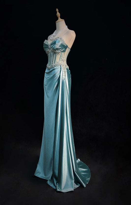 Elegantes blaues Ballkleid Spaghettiträger Etui Perlen Satins Abendkleid Lang EW0741