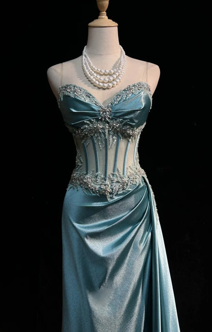 Chic Blue Prom Dress  Spaghetti Straps Sheath Beaded Satin Long Evening Dress EW0741