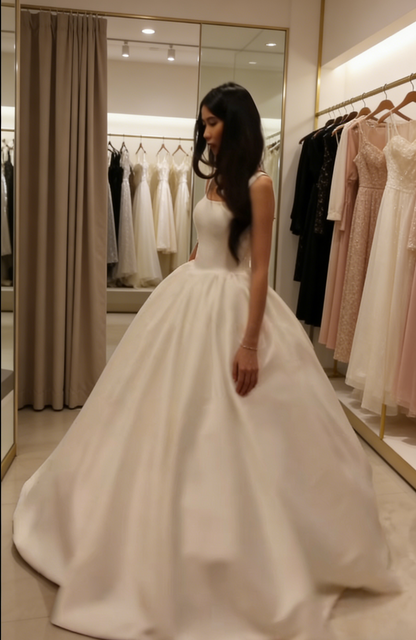 Simple Straps A-Line Wedding Dress Satin White Bridal Dress without Sleeves EW07497