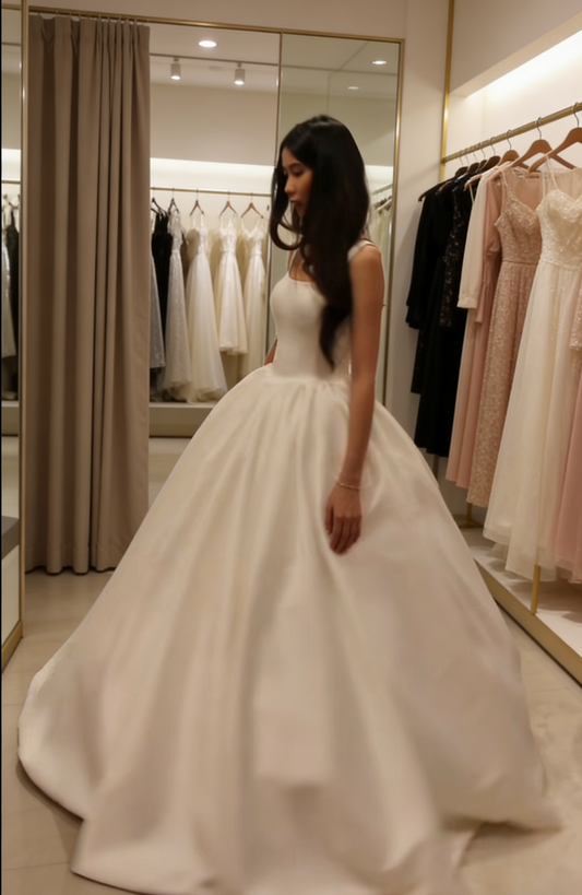 Simple Straps A-Line Wedding Dress Satin White Bridal Dress without Sleeves EW07497