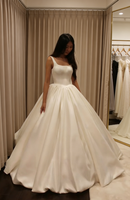 Simple Straps A-Line Wedding Dress Satin White Bridal Dress without Sleeves EW07497