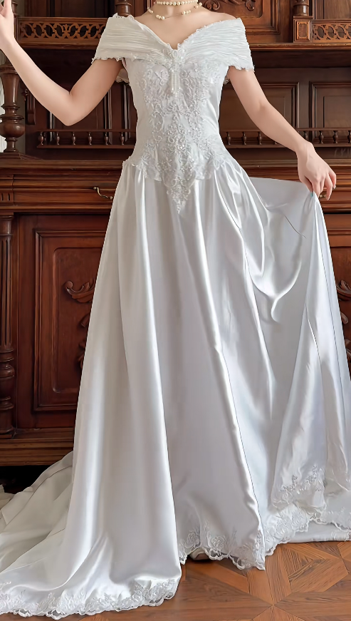 Vintage Off-Shoulder A-Linien Hochzeitskleid Satin Perlen Weißes Brautkleid Ärmellos EW07499