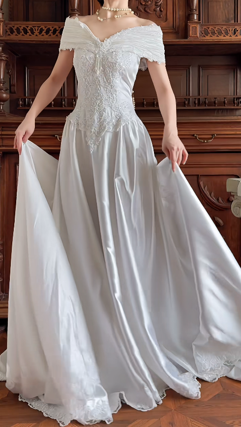 Vintage Off-Shoulder A-Linien Hochzeitskleid Satin Perlen Weißes Brautkleid Ärmellos EW07499