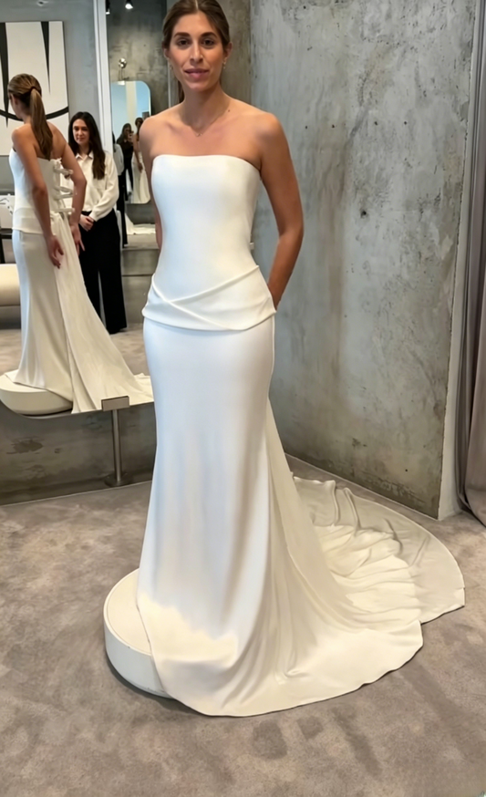 Simple Strapless Sheath Wedding Dress White Satin Bridal Dress Sleeveless Bridal Gown EW07501