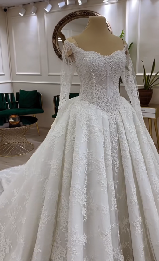 Chic A-Line Lace Wedding Dress Off-shoulder White Bridal Dress Sleeves Beaded Bridal Gown EW07503