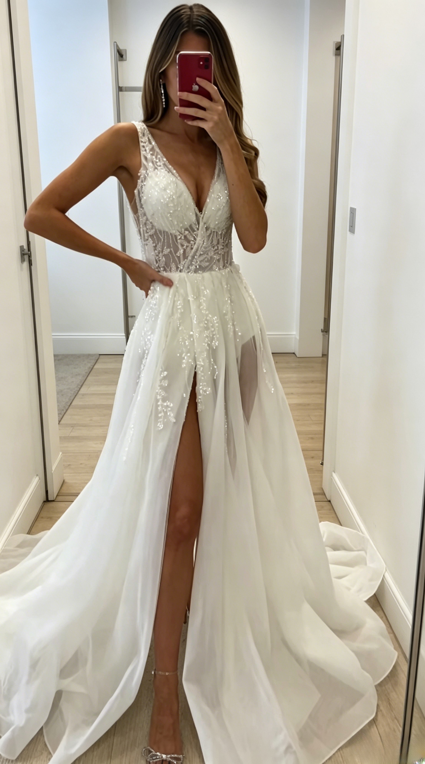 Chic Sheath Tulle Wedding Dress V-neck White Bridal Dress Sleeveless Appliques Bridal Gown EW07504
