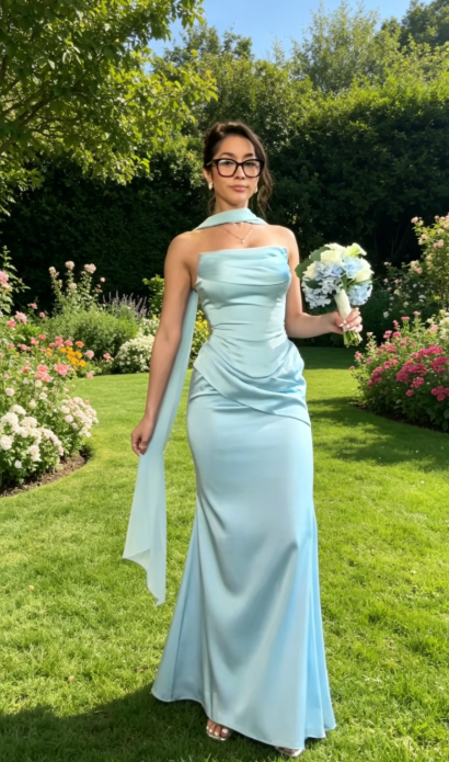 Tiffany Blue Bridesmaid Dress Satin Sheath Strapless Long Evening Dress EW07818