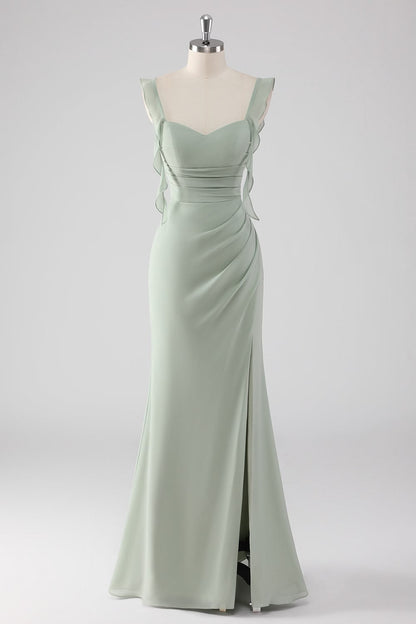 Robe de soirée longue en mousseline de soie fourreau rose élégante avec bretelles EW07826