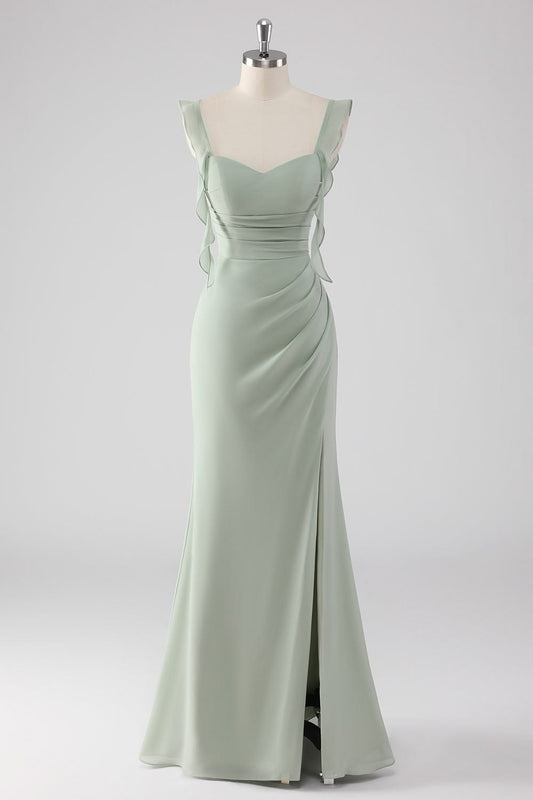 Elegant Pink Bridesmaid Dress Straps Sheath Chiffon Long Evening Dress EW07826
