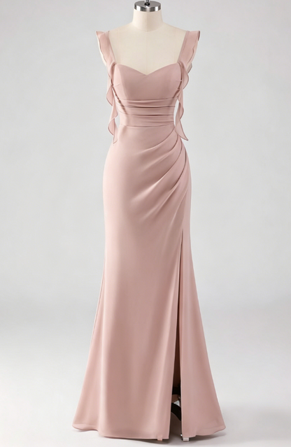 Robe de soirée longue en mousseline de soie fourreau rose élégante avec bretelles EW07826