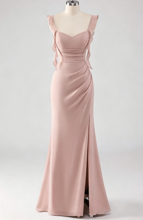 Elegant Pink Bridesmaid Dress Straps Sheath Chiffon Long Evening Dress EW07826