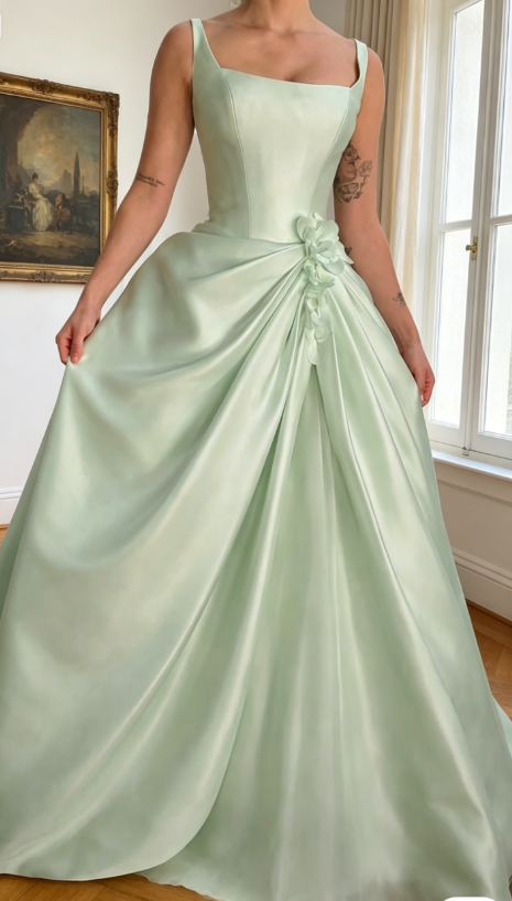 Elegantes grünes Brautjungfernkleid mit Trägern, A-Linie, Satin, langes Abendkleid EW07828