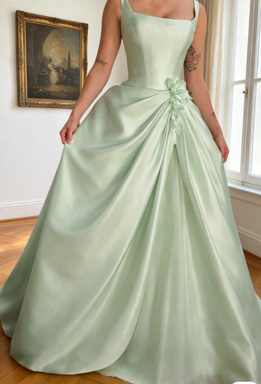 Elegantes grünes Brautjungfernkleid mit Trägern, A-Linie, Satin, langes Abendkleid EW07828