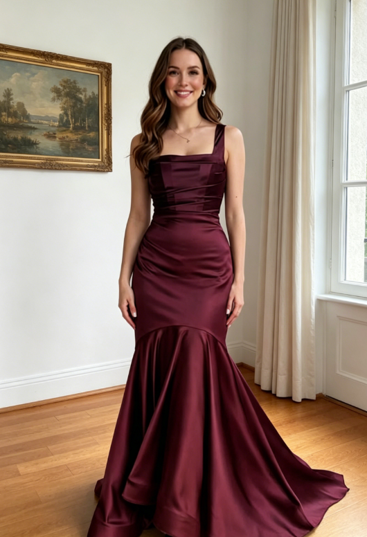 Chic Burgundy Wedding Guest Dress Straps Mermaid Satin Long Evening Dress EW07829