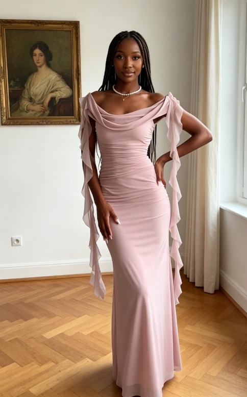 Chic Pink Wedding Guest Dress Straps Sheath Chiffon Long Evening Dress EW07830
