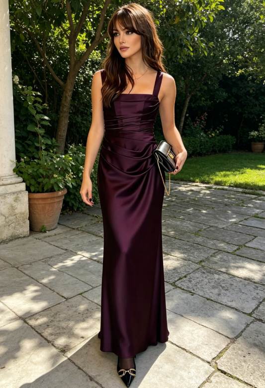Chic Deep Purple Wedding Guest Dress Straps Sheath Satin Long Evening – EvaFashionDress