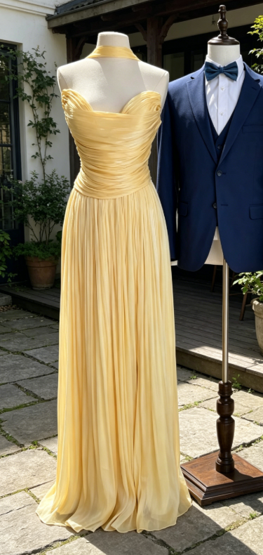 Chic Yellow Wedding Guest Dress Sweetheart Sheath Chiffon Long Evening Dress EW07833