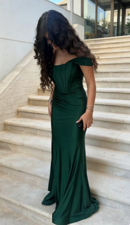 Chic Dark Green Wedding Guest Dress Off-shoulder Sheath Satin Long Eve – EvaFashionDress
