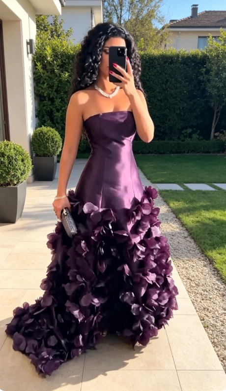 Chic Deep Purple Wedding Guest Dress Strapless A-Line Satin Long Evening Dress EW07835