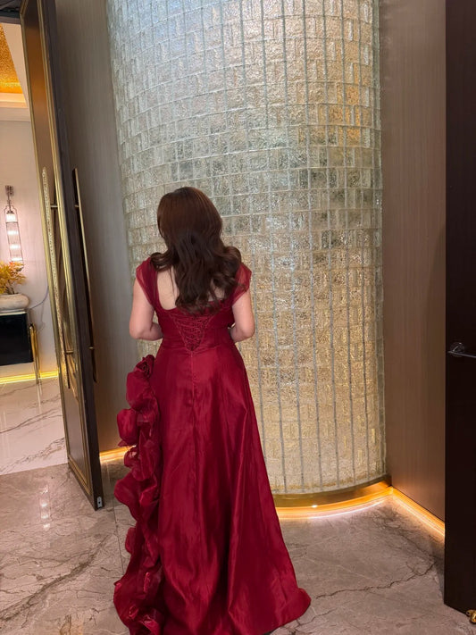Chic Burgundy Wedding Guest Dress Straps A-Line Satin Long Evening Dress EW07836