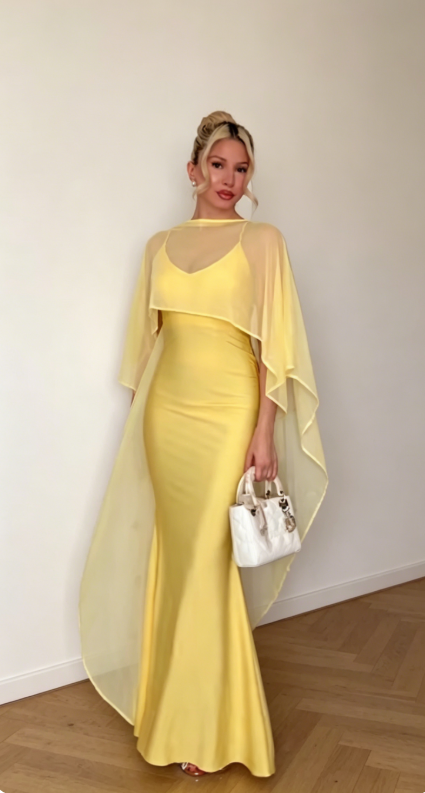 Chic Yellow Wedding Guest Dress Spaghetti Straps Sheath Satin Long Evening Dress EW07838