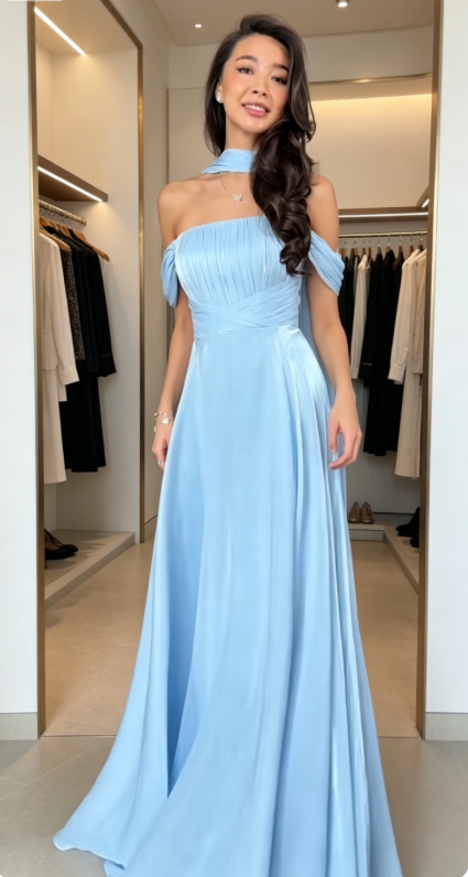 Chic Blue Bridesmaid Dress Off-shoulder A-line Long Evening Dress Chiffon Wedding Guest Dress EW07843