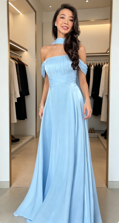 Chic Blue Bridesmaid Dress Off-shoulder A-line Long Evening Dress Chiffon Wedding Guest Dress EW07843