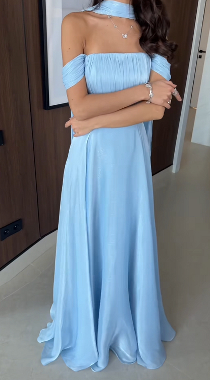 Chic Blue Bridesmaid Dress Off-shoulder A-line Long Evening Dress Chiffon Wedding Guest Dress EW07843