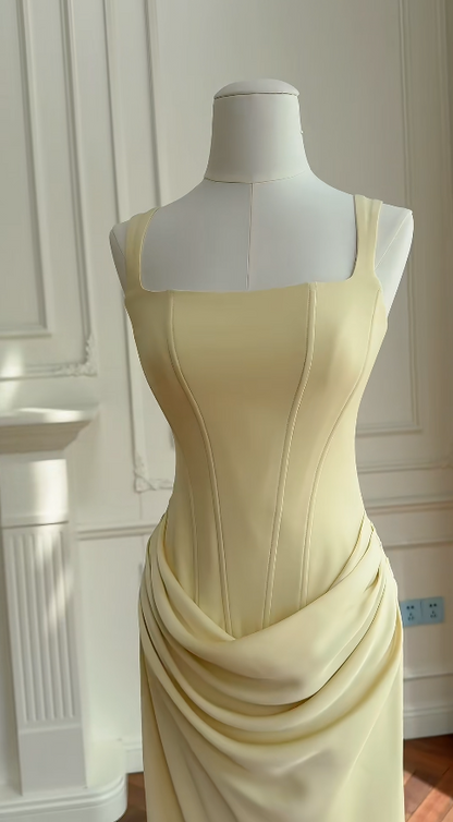 Robe de demoiselle d'honneur jaune chic à bretelles, robe de soirée longue fourreau, robe de cérémonie en satin pour invitée de mariage EW07845