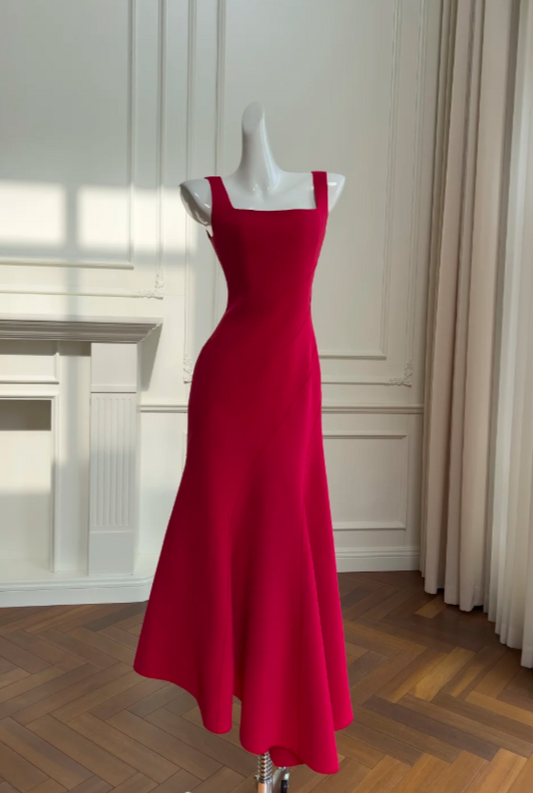 Schickes rotes Brautjungfernkleid mit Trägern, figurbetont, langes Abendkleid, Satin, Hochzeitsgast-Kleid EW07847