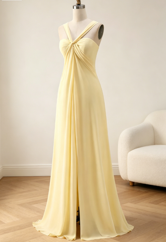 Robe de demoiselle d'honneur chic jaune, fourreau asymétrique, longue robe de soirée, robe de mariée en mousseline EW07848