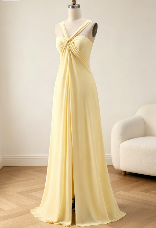 Elegantes gelbes Brautjungfernkleid, schulterfrei, Etui-Form, langes Abendkleid, Chiffon Hochzeitsgastkleid EW07848