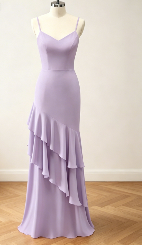 Robe de demoiselle d'honneur jaune tendance à fines bretelles, robe de soirée longue fourreau, robe de mariée en mousseline EW07849