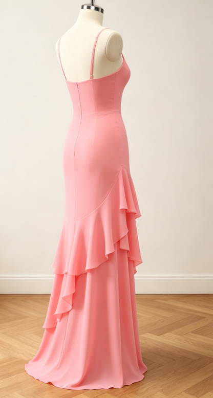 Robe de demoiselle d'honneur jaune tendance à fines bretelles, robe de soirée longue fourreau, robe de mariée en mousseline EW07849