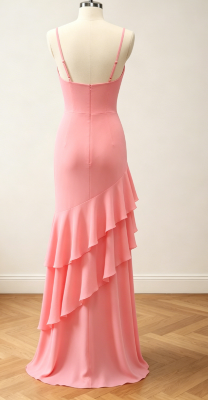 Robe de demoiselle d'honneur jaune tendance à fines bretelles, robe de soirée longue fourreau, robe de mariée en mousseline EW07849