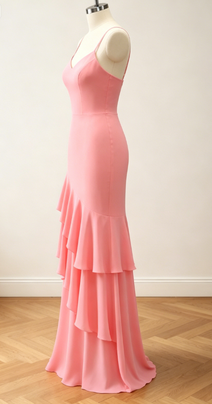 Robe de demoiselle d'honneur jaune tendance à fines bretelles, robe de soirée longue fourreau, robe de mariée en mousseline EW07849